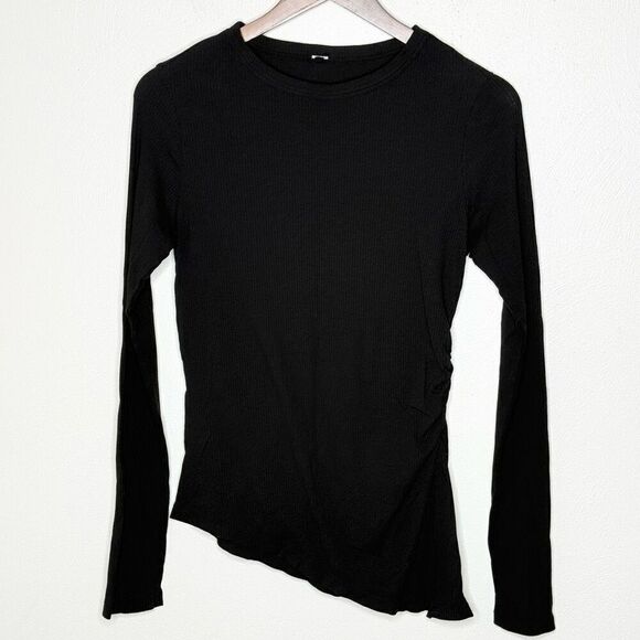 Monrow Black Long Sleeve Asymmetrical Ribbed Knit Shirt - Women’s US LG - Picture 1 of 8